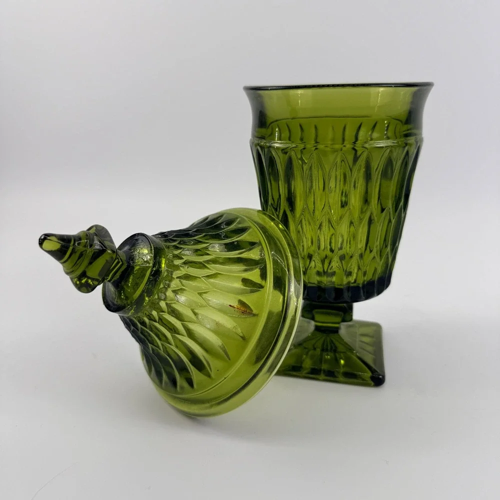 Indiana Glass Diamond Point Avocado Green Apothecary Jar Covered Pedestal